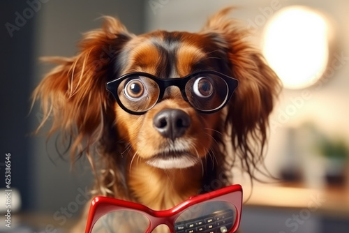 Shocked dog in glasses holding opened book on solid