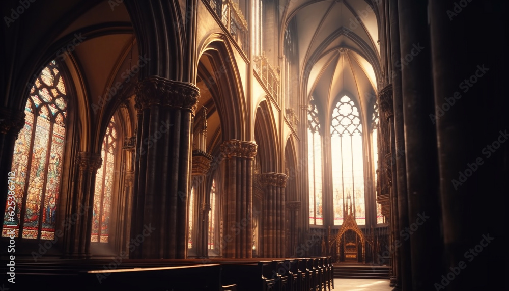 Majestic gothic basilica, adorned with stained glass and illuminated altars generated by AI