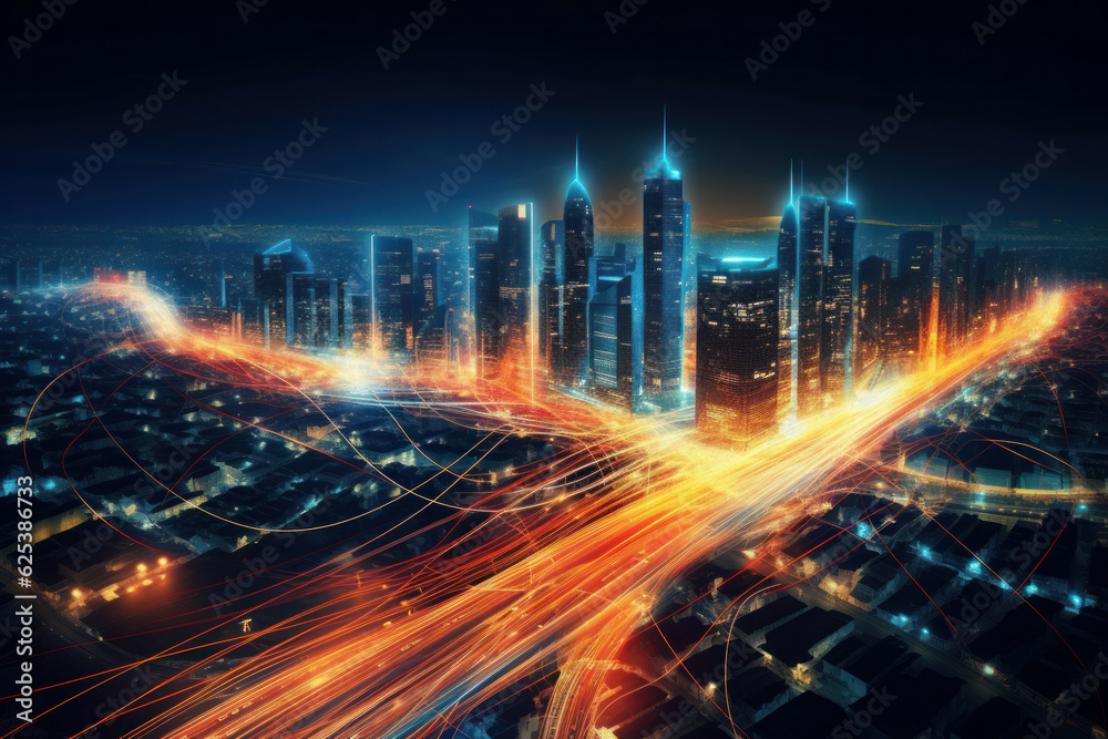 Fototapeta premium Smart digital city with high speed light trail 