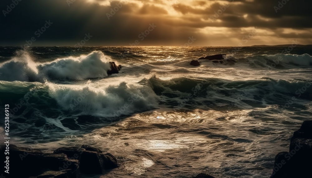 Idyllic seascape at dusk crashing waves, dramatic sky, tropical beauty generated by AI