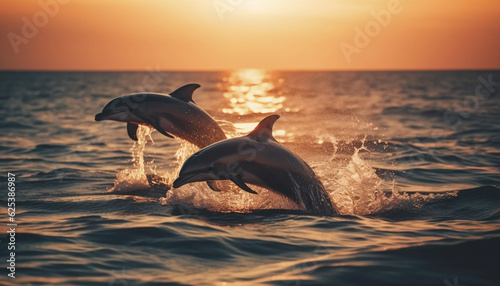 Playful dolphins jumping in the blue sea at sunset generated by AI © djvstock