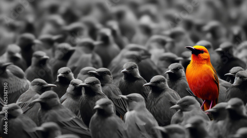 Standing out from the crowd , red bird standing between man black birds, Generative AI photo