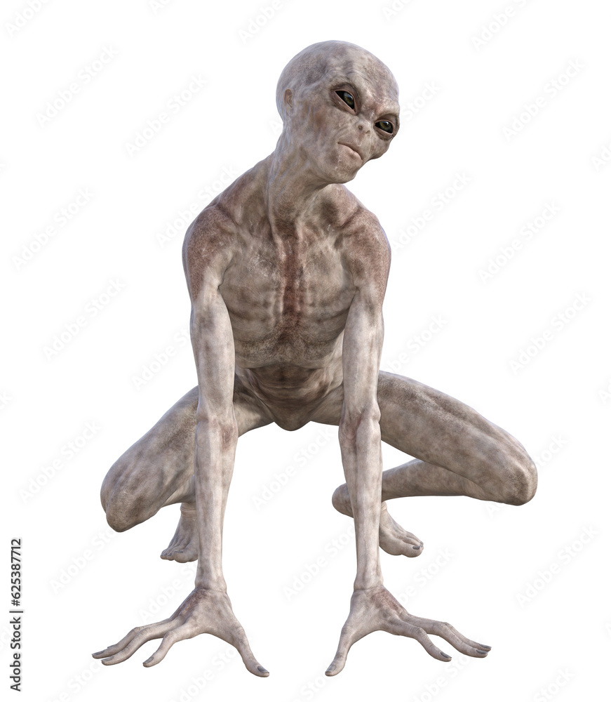 Grey alien on transparent background, 3d render