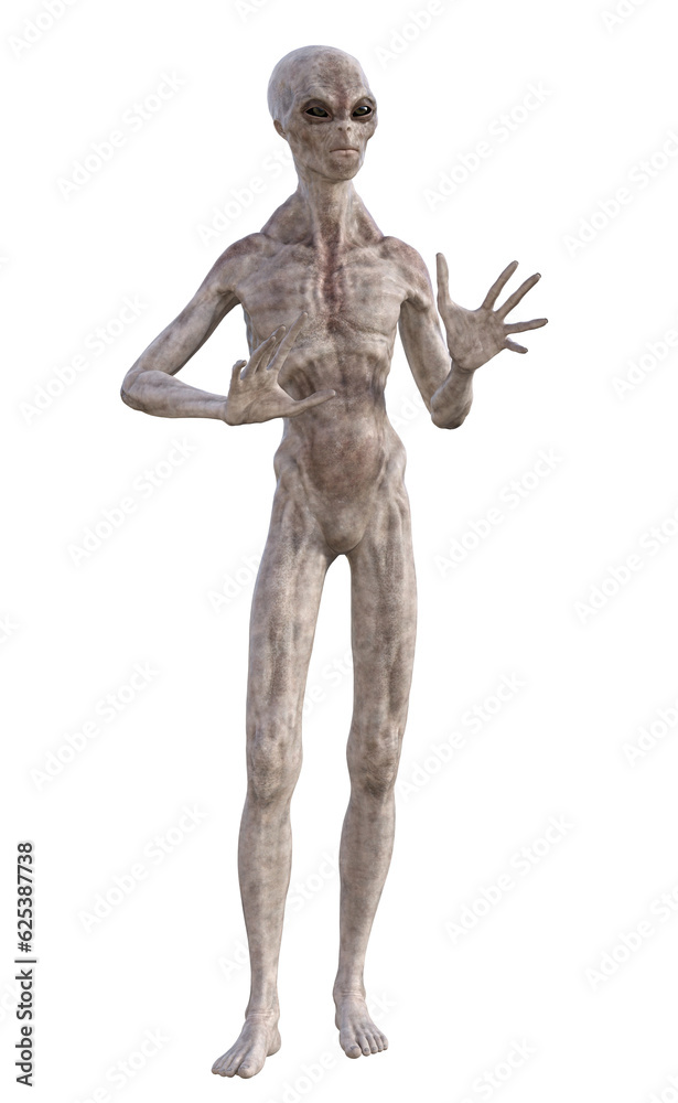 Grey alien on transparent background, 3d render