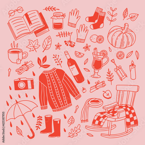 Autumn doodles. Hand drawn set of sketches: wine, mulled wine, plaid, rocking chair, sweater, scarf, autumn leaves. Autumn mood.