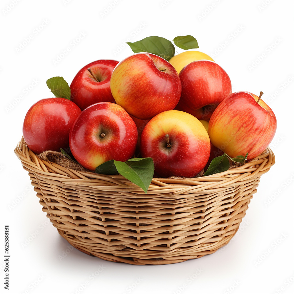 Basket of Fresh Red apple isolated on white background, Red Envy apple with leaves on white background With clipping path Basket of Fresh Red apple isolated on white background, Red Envy apple with leaves on white background With clipping path