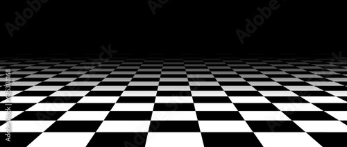 Valokuva Black and white checkered tile floor fading in perspective