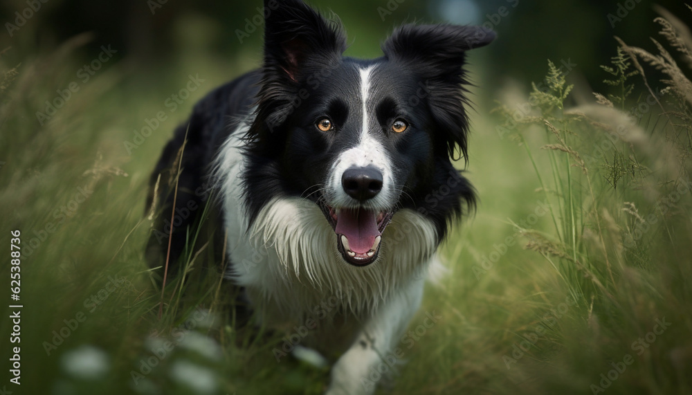 Purebred border collie and shetland sheepdog sit in green meadow generated by AI