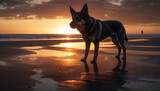 Purebred German Shepherd sitting on wet sand, enjoying sunset reflection generated by AI