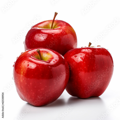 Ripe red apple fruit with apple half and green apple leaf isolated on white background
