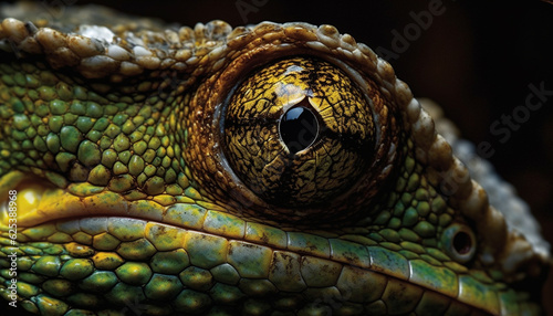 Green lizard in tropical rainforest  looking at camera with horned head generated by AI