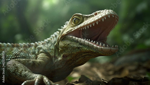 Green giant lizard with sharp teeth roams the forest floor generated by AI
