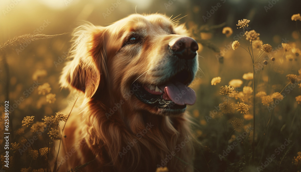 Cute purebred retriever puppy sitting in green meadow, enjoying nature generated by AI