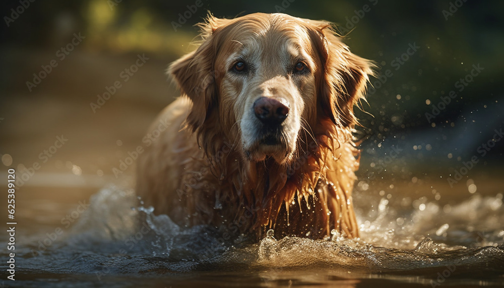Golden retriever and cocker spaniel playing in drenched nature generated by AI