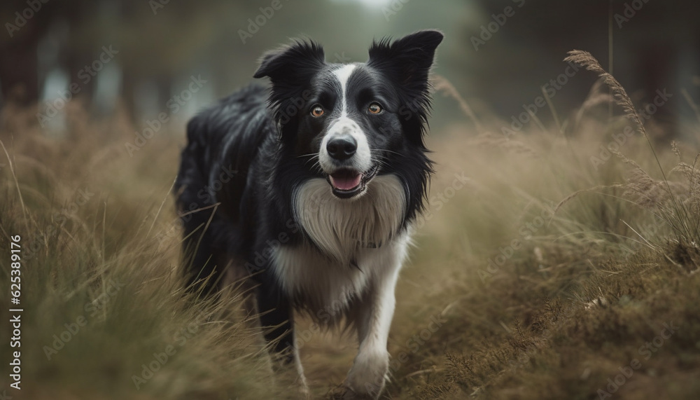 Border collie and Shetland sheepdog playfully run in green meadow generated by AI