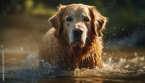 Golden retriever and cocker spaniel playing in drenched nature generated by AI © djvstock