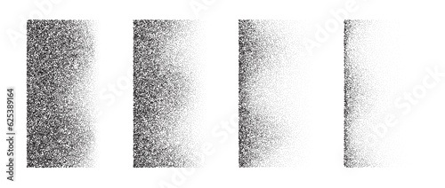 Set of fading wavy rectangular gradients. Black dotted texture element collection. Stippled shade object pack. Noise grain dotwork shapes. Vanishing halftone effect illustrations bundle. Vector