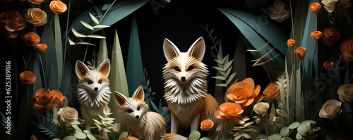 paper cut style decoration including fennec fox and forest ornaments, wallpaper background image photo