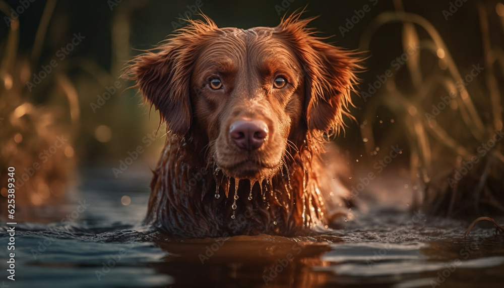 Golden retriever playing in wet grass, loyal friend in rain generated by AI