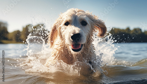 Purebred retriever and spaniel playing in wet nature, cheerful summer fun generated by AI