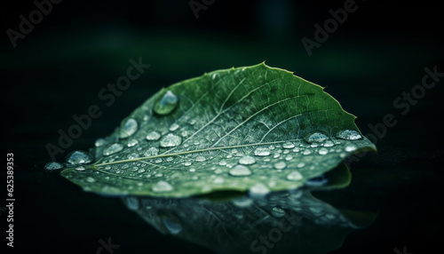 Fresh green leaf with dew drop, reflecting beauty in nature generated by AI