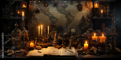 pirate captains desk with map and different tools, lit by oil lamps, wallpaper background image photo