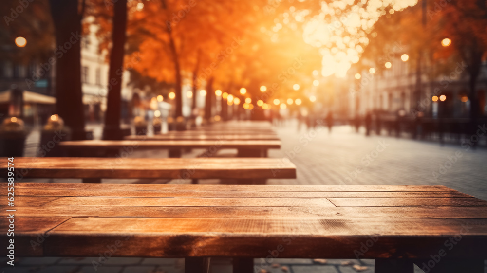 Empty wooden table top against the backdrop of an autumn cityscape, city street with orange foliage garlands of lights