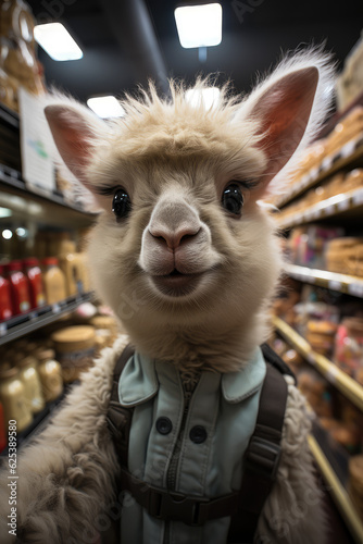 selfie of adorable baby lama in supermarket, background wallpaper image, Concept of motion, action, movement photo