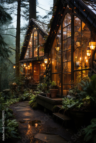 steampunk style cabin in forest, lit inside, foggy forest, background wallpaper image photo