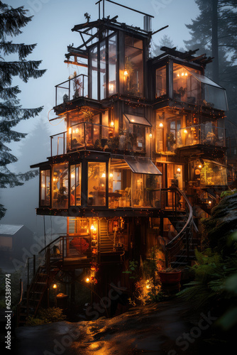 steampunk style cabin in forest, lit inside, foggy forest, background wallpaper image photo