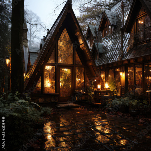 steampunk style cabin in forest, lit inside, foggy forest, background wallpaper image photo