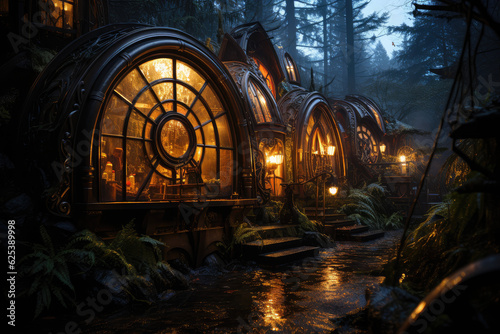 steampunk style cabin in forest, lit inside, foggy forest, background wallpaper image photo