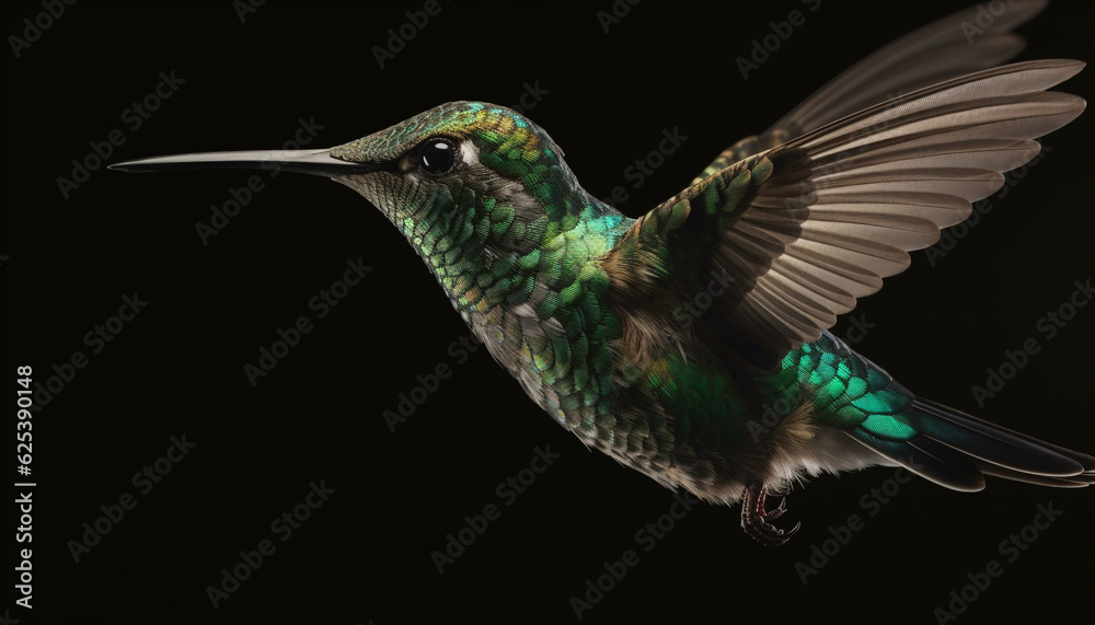Fototapeta premium Hovering hummingbird spreads iridescent wings in mid air, pollinating nature beauty generated by AI
