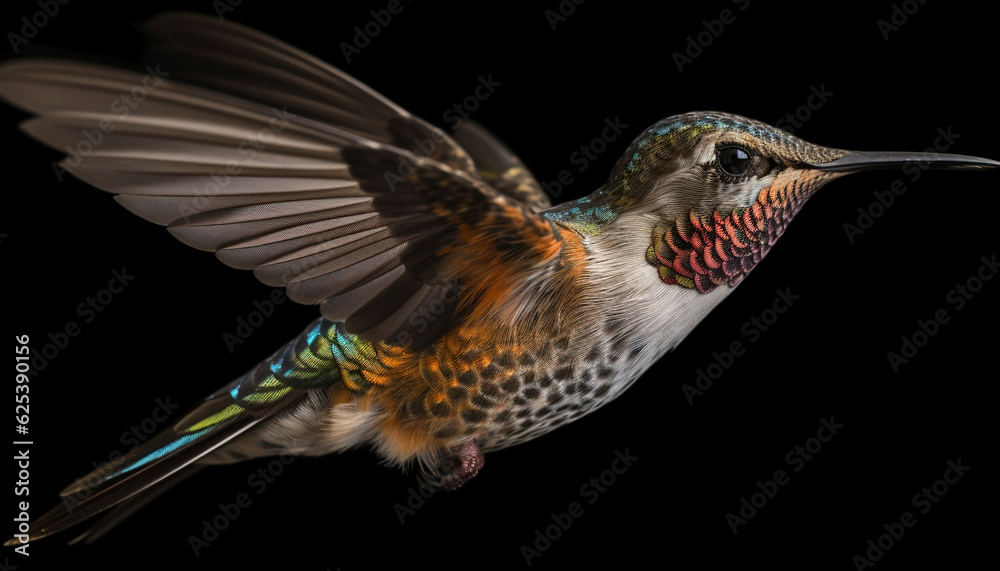 Fototapeta premium Hovering hummingbird spreads iridescent wings in mid air portrait generated by AI