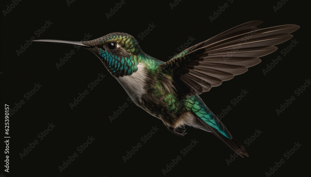 Obraz premium Rufous hummingbird hovering mid air, spreading iridescent wings in motion generated by AI