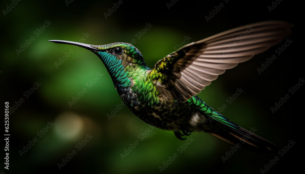 Fototapeta premium Hovering hummingbird spreads iridescent wings, pollinating vibrant flowers in nature generated by AI