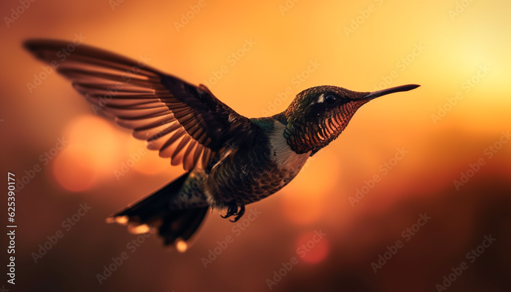 Obraz premium Hovering hummingbird spreads iridescent wings in tranquil sunset scene generated by AI