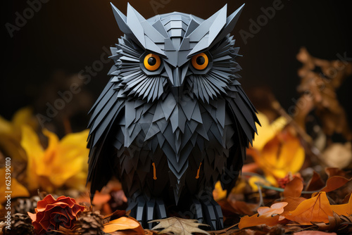 vanta black owl in origami style, forest animals, forest birds, wallpaper background image photo
