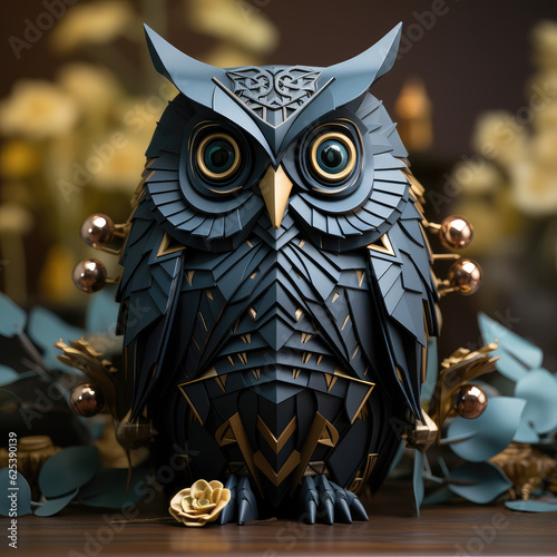 vanta black owl in origami style, forest animals, forest birds, wallpaper background image photo