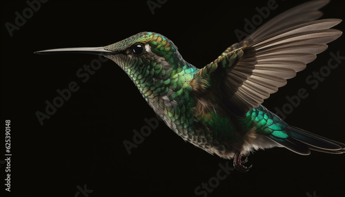 Hovering hummingbird spreads iridescent wings in mid air, pollinating nature beauty generated by AI
