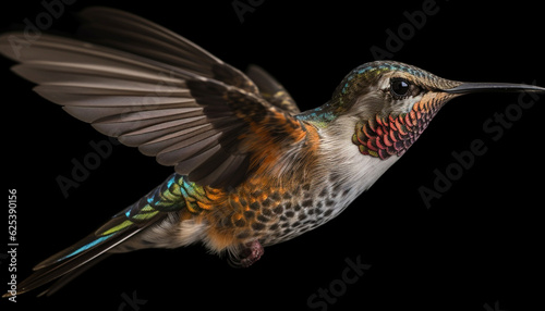 Hovering hummingbird spreads iridescent wings in mid air portrait generated by AI