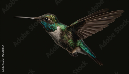 Rufous hummingbird hovering mid air, spreading iridescent wings in motion generated by AI
