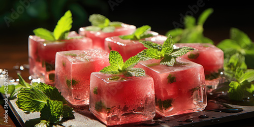 watermelon with clean cuts inside ice cubes, summer vibe, summer fruits, background wallpaper image, watermelon day photo