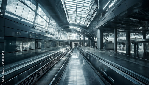 Futuristic transportation in modern subway station with steel escalator generated by AI