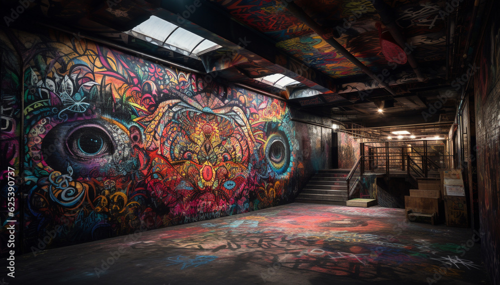 Fototapeta premium Spooky underground corridor with vibrant graffiti and spooky paintings generated by AI