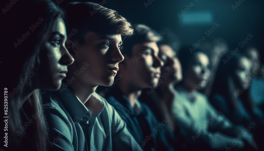 Young women and men in casual clothing watching a seminar generated by AI