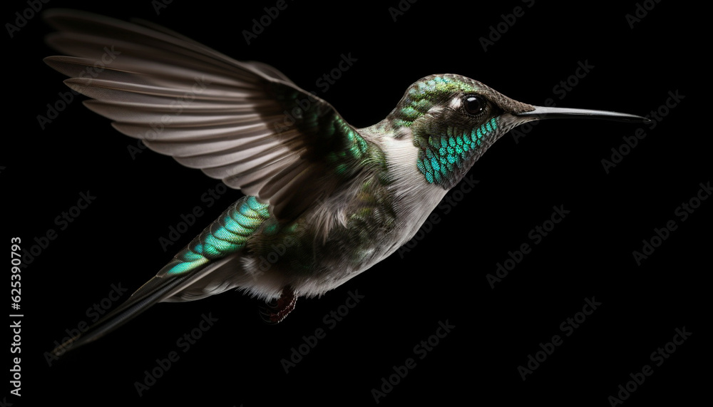 Obraz premium Rufous hummingbird hovering mid air, spreading iridescent wings in motion generated by AI