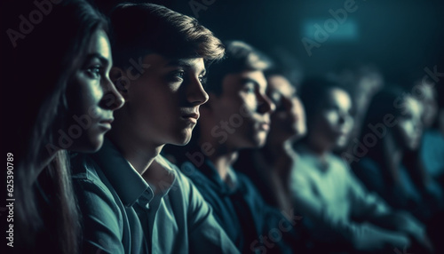 Young women and men in casual clothing watching a seminar generated by AI