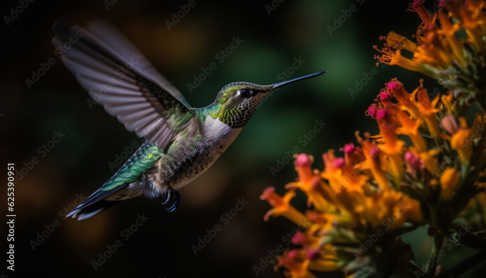 Fototapeta premium Hovering hummingbird spreads iridescent wings, pollinating vibrant purple flower generated by AI