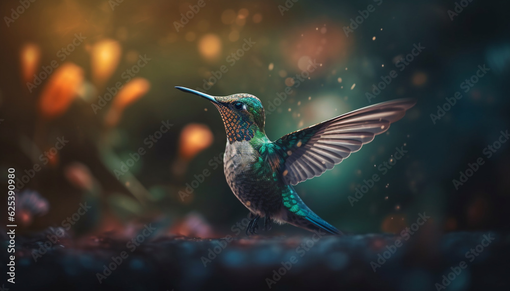 Fototapeta premium Hovering hummingbird spreads iridescent wings, pollinating flowers in mid air generated by AI